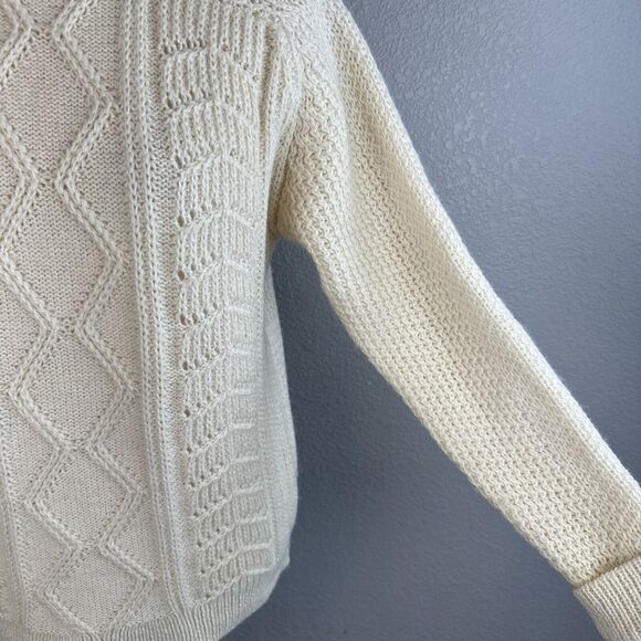 Moffat Waevers Cable Knit Fishermans Crew Neck Sweater Size M Ivory Pure Wool - Picture 3 of 8